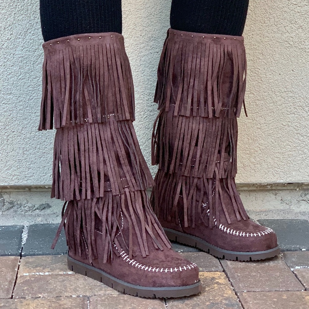 Nib Espresso Three Fringe Layered Moccasin Boots - image 2